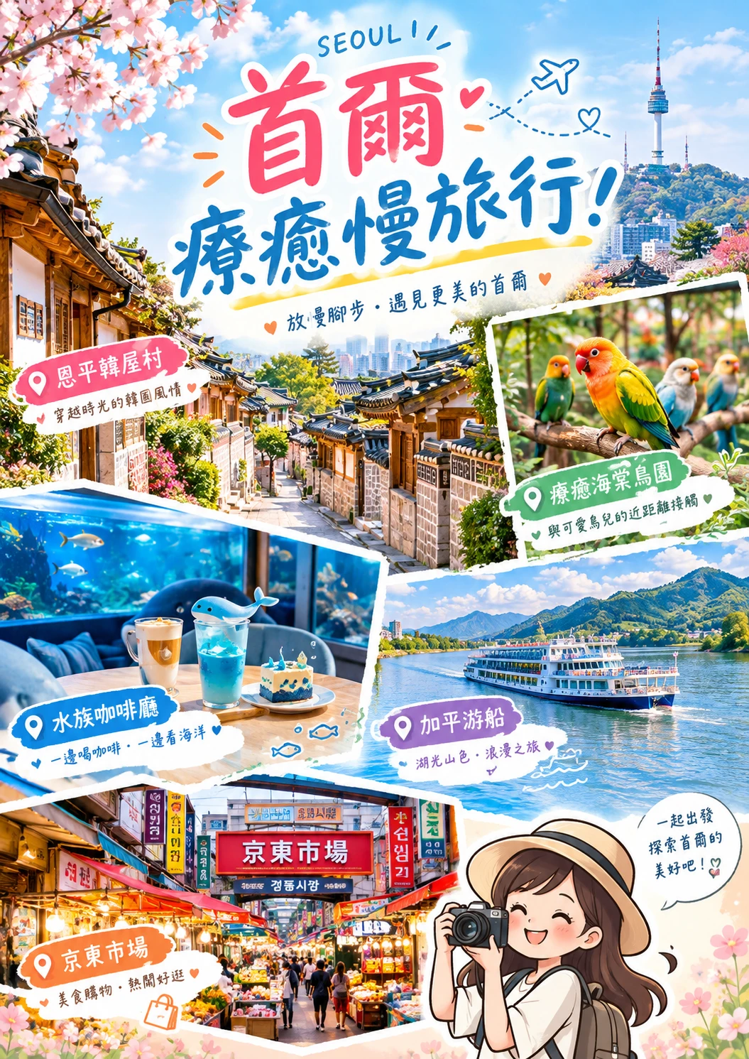 首爾恩平韓屋村．療癒海棠鳥園．水族咖啡廳．加平游船．京東市場