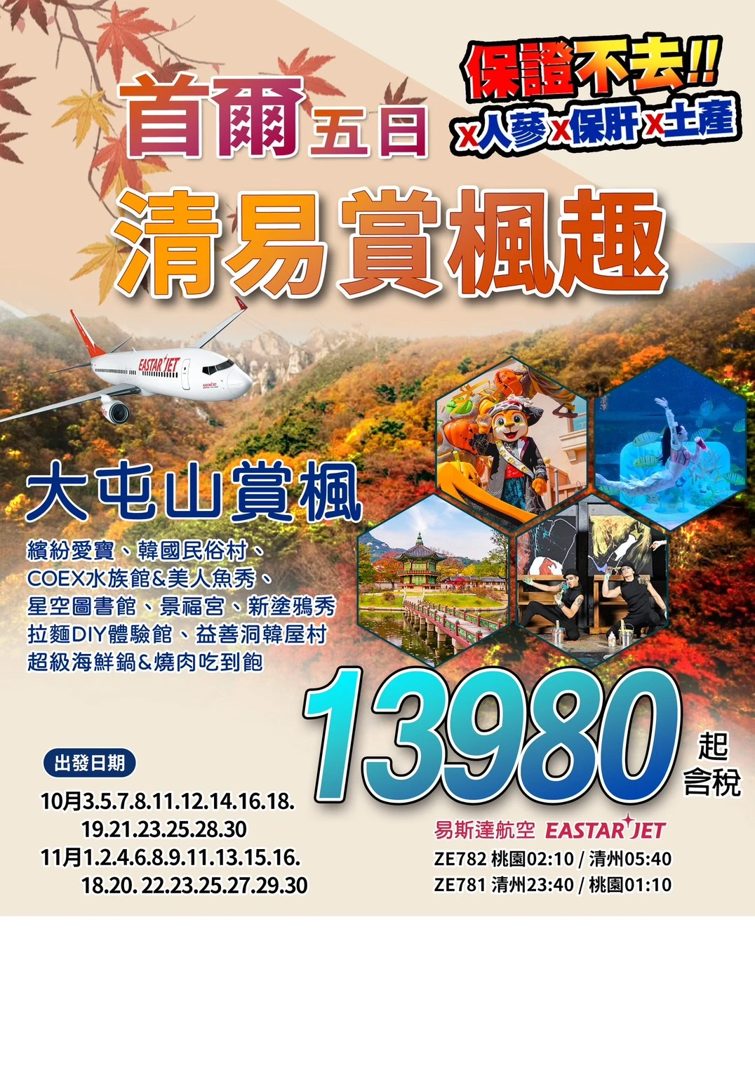 大屯山賞楓、繽紛愛寶、 <br>COEX水族館&美人魚秀、塗鴉秀、COCONUT BOX、拉麵 DIY 體驗館、超級海鮮鍋&燒肉吃到飽五日 <br>